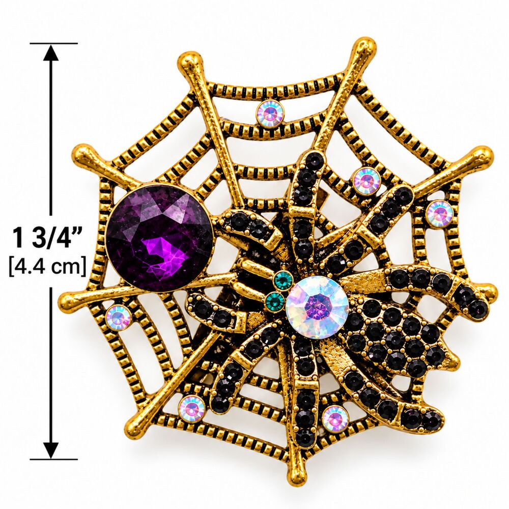 Vintage Inspired Halloween Spider Web Brooch Purple Rhinestone Gold Tone NWT